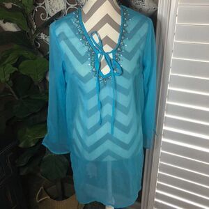 Soaked Teal Jewel Embellished Chiffon Swim Cover